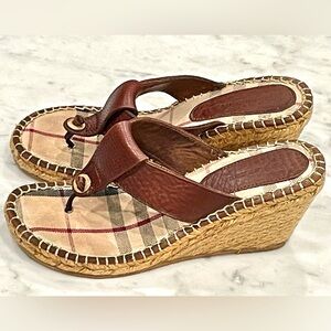 Burberry leather and plaid fabric wedges, burgundy, Burberry check, sz7, EUC